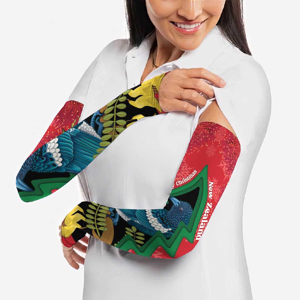 New Zealand Christmas In July Arm Sleeves Kowhai Tui Bird With Pohutukawa - Red - Polynesian Pride