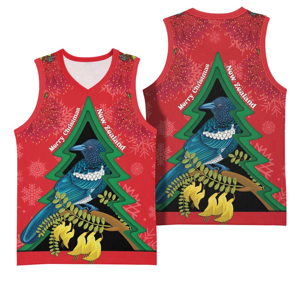 New Zealand Christmas In July Basketball Jersey Kowhai Tui Bird With Pohutukawa - Red LT14 - Polynesian Pride