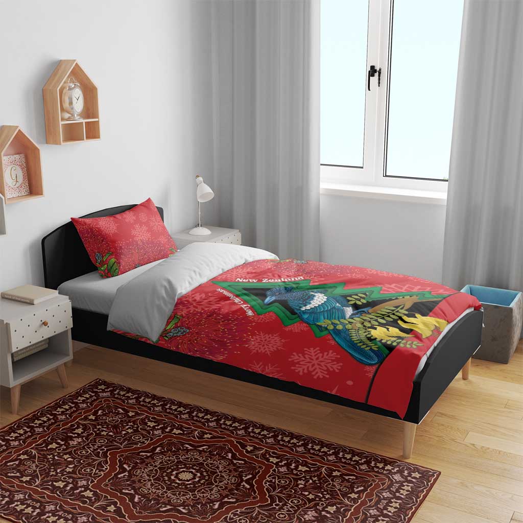 New Zealand Christmas In July Bedding Set Kowhai Tui Bird With Pohutukawa - Red