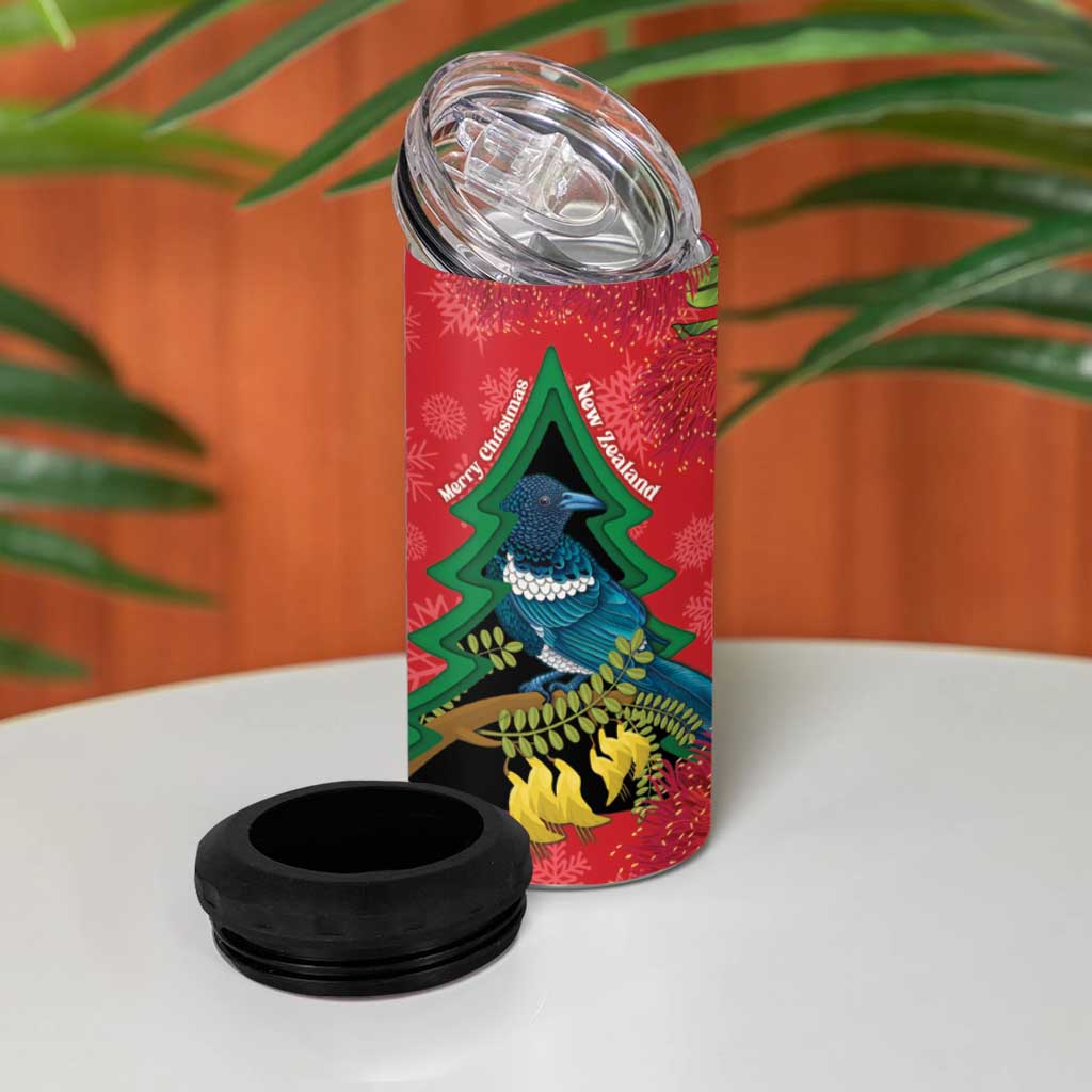 New Zealand Christmas In July 4 in 1 Can Cooler Tumbler Kowhai Tui Bird With Pohutukawa - Red LT14 - Polynesian Pride