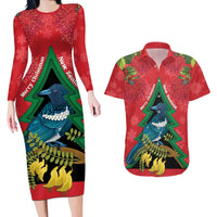 New Zealand Christmas In July Couples Matching Long Sleeve Bodycon Dress and Hawaiian Shirt Kowhai Tui Bird With Pohutukawa - Red LT14 Red - Polynesian Pride