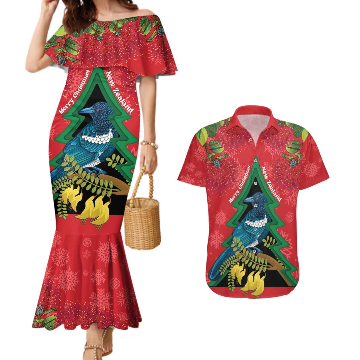 New Zealand Christmas In July Couples Matching Mermaid Dress and Hawaiian Shirt Kowhai Tui Bird With Pohutukawa - Red LT14 Red - Polynesian Pride