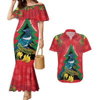New Zealand Christmas In July Couples Matching Mermaid Dress and Hawaiian Shirt Kowhai Tui Bird With Pohutukawa - Red LT14 Red - Polynesian Pride