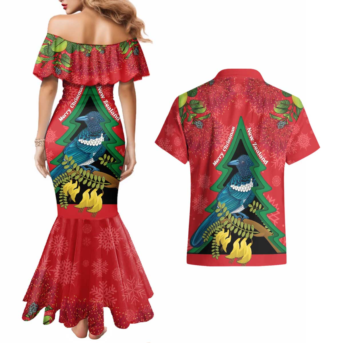 New Zealand Christmas In July Couples Matching Mermaid Dress and Hawaiian Shirt Kowhai Tui Bird With Pohutukawa - Red LT14 - Polynesian Pride