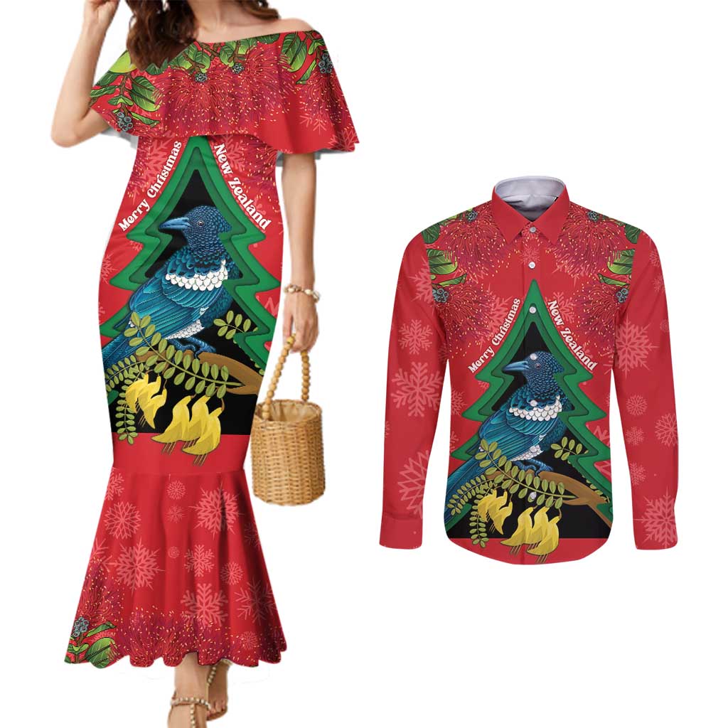 New Zealand Christmas In July Couples Matching Mermaid Dress and Long Sleeve Button Shirt Kowhai Tui Bird With Pohutukawa - Red LT14 Red - Polynesian Pride