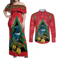 New Zealand Christmas In July Couples Matching Off Shoulder Maxi Dress and Long Sleeve Button Shirt Kowhai Tui Bird With Pohutukawa - Red LT14 Red - Polynesian Pride