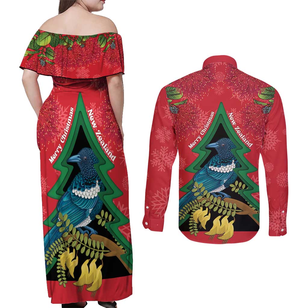 New Zealand Christmas In July Couples Matching Off Shoulder Maxi Dress and Long Sleeve Button Shirt Kowhai Tui Bird With Pohutukawa - Red LT14 - Polynesian Pride
