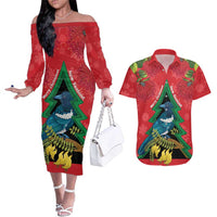 New Zealand Christmas In July Couples Matching Off The Shoulder Long Sleeve Dress and Hawaiian Shirt Kowhai Tui Bird With Pohutukawa - Red LT14 Red - Polynesian Pride