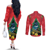 New Zealand Christmas In July Couples Matching Off The Shoulder Long Sleeve Dress and Long Sleeve Button Shirt Kowhai Tui Bird With Pohutukawa - Red LT14 - Polynesian Pride