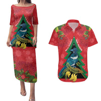 New Zealand Christmas In July Couples Matching Puletasi and Hawaiian Shirt Kowhai Tui Bird With Pohutukawa - Red LT14 Red - Polynesian Pride