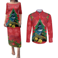 New Zealand Christmas In July Couples Matching Puletasi and Long Sleeve Button Shirt Kowhai Tui Bird With Pohutukawa - Red LT14 Red - Polynesian Pride