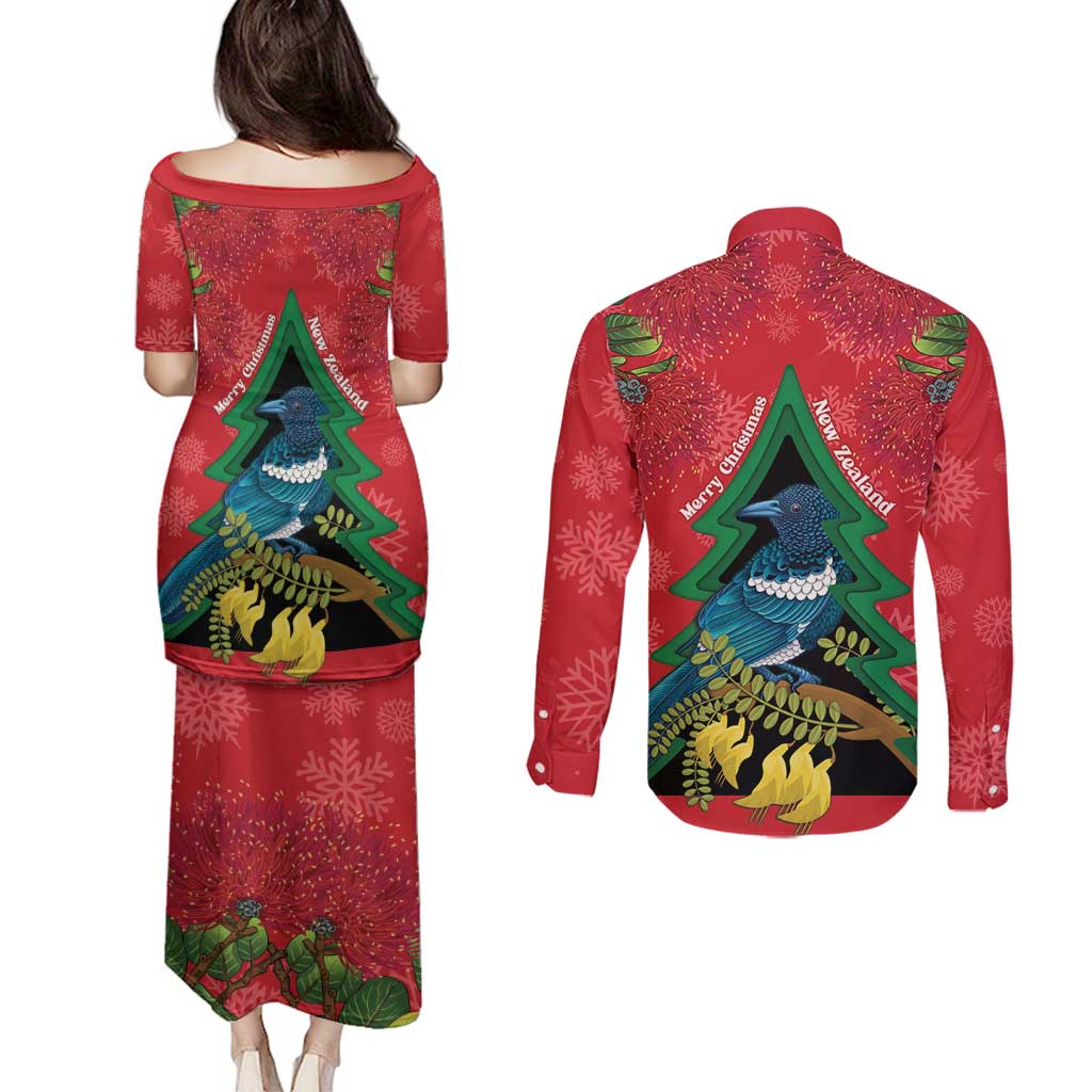 New Zealand Christmas In July Couples Matching Puletasi and Long Sleeve Button Shirt Kowhai Tui Bird With Pohutukawa - Red LT14 - Polynesian Pride