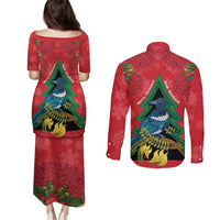 New Zealand Christmas In July Couples Matching Puletasi and Long Sleeve Button Shirt Kowhai Tui Bird With Pohutukawa - Red LT14 - Polynesian Pride
