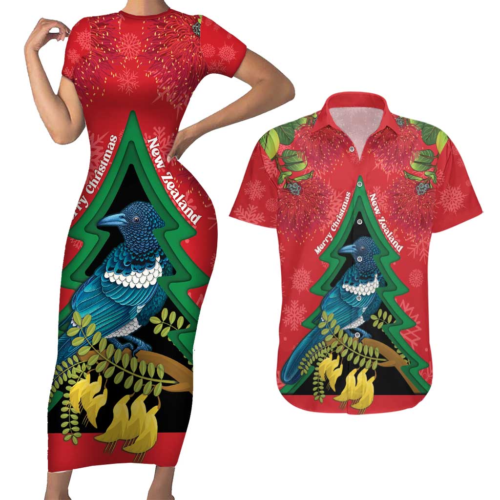 New Zealand Christmas In July Couples Matching Short Sleeve Bodycon Dress and Hawaiian Shirt Kowhai Tui Bird With Pohutukawa - Red LT14 Red - Polynesian Pride