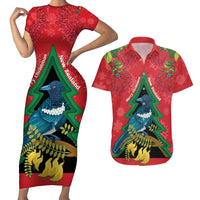 New Zealand Christmas In July Couples Matching Short Sleeve Bodycon Dress and Hawaiian Shirt Kowhai Tui Bird With Pohutukawa - Red LT14 Red - Polynesian Pride