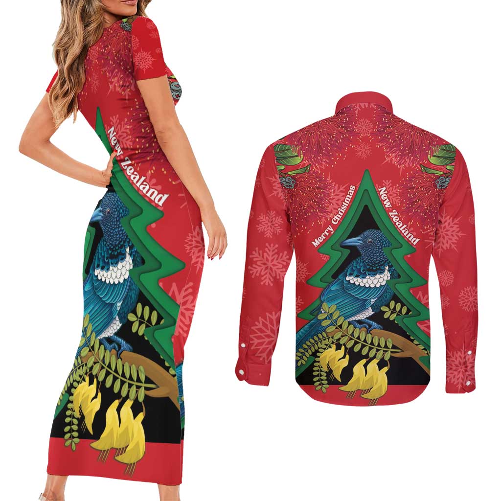 New Zealand Christmas In July Couples Matching Short Sleeve Bodycon Dress and Long Sleeve Button Shirt Kowhai Tui Bird With Pohutukawa - Red LT14 - Polynesian Pride