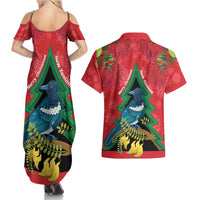 New Zealand Christmas In July Couples Matching Summer Maxi Dress and Hawaiian Shirt Kowhai Tui Bird With Pohutukawa - Red LT14 - Polynesian Pride