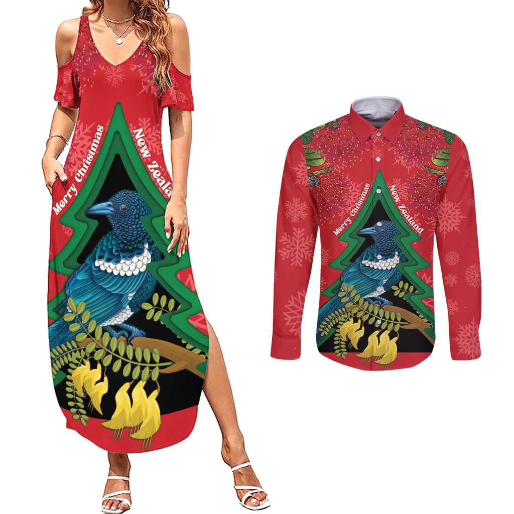 New Zealand Christmas In July Couples Matching Summer Maxi Dress and Long Sleeve Button Shirt Kowhai Tui Bird With Pohutukawa - Red LT14 Red - Polynesian Pride