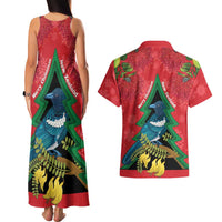 New Zealand Christmas In July Couples Matching Tank Maxi Dress and Hawaiian Shirt Kowhai Tui Bird With Pohutukawa - Red LT14 - Polynesian Pride