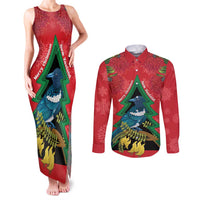 New Zealand Christmas In July Couples Matching Tank Maxi Dress and Long Sleeve Button Shirt Kowhai Tui Bird With Pohutukawa - Red LT14 Red - Polynesian Pride