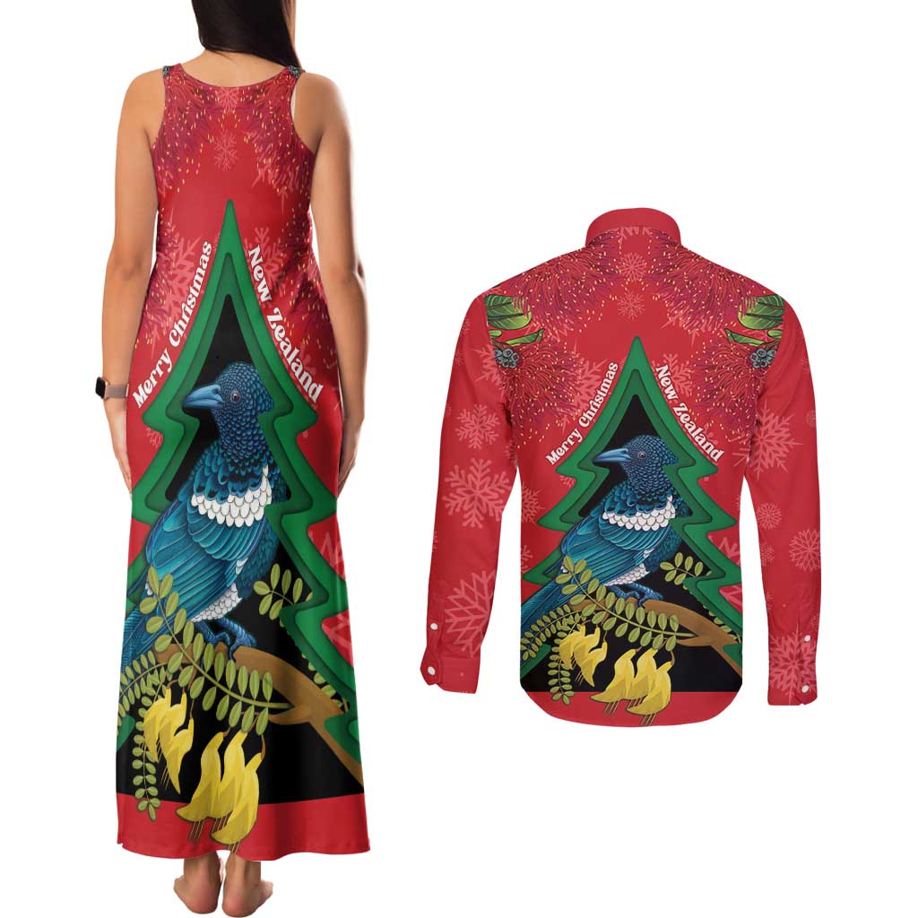 New Zealand Christmas In July Couples Matching Tank Maxi Dress and Long Sleeve Button Shirt Kowhai Tui Bird With Pohutukawa - Red LT14 - Polynesian Pride