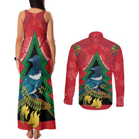 New Zealand Christmas In July Couples Matching Tank Maxi Dress and Long Sleeve Button Shirt Kowhai Tui Bird With Pohutukawa - Red LT14 - Polynesian Pride