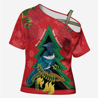 New Zealand Christmas In July Cross Shoulder Shirt Kowhai Tui Bird With Pohutukawa - Red LT14 Female Red - Polynesian Pride
