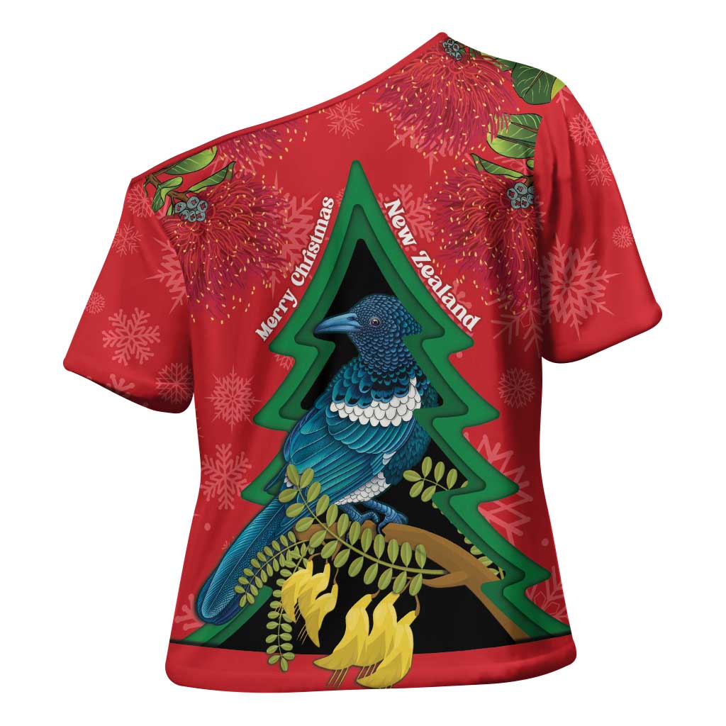New Zealand Christmas In July Cross Shoulder Shirt Kowhai Tui Bird With Pohutukawa - Red LT14 - Polynesian Pride