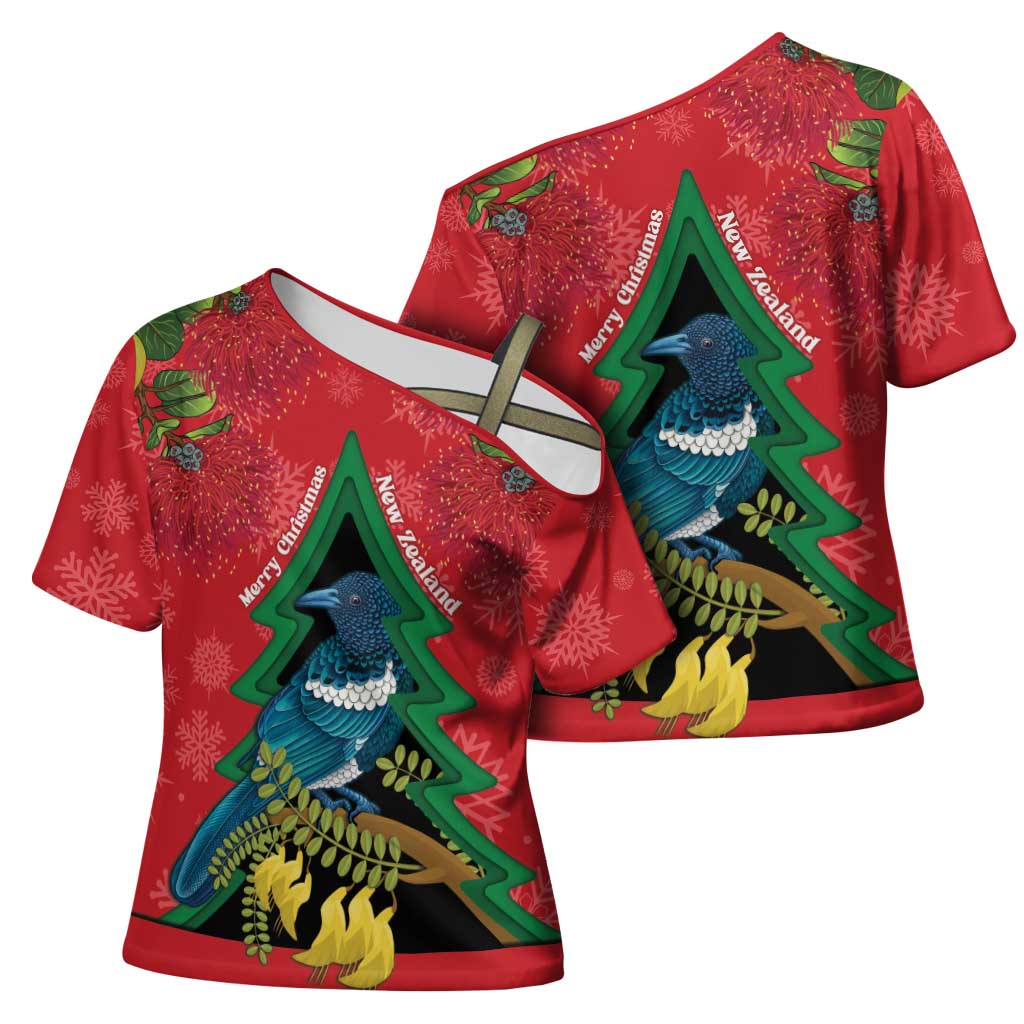New Zealand Christmas In July Cross Shoulder Shirt Kowhai Tui Bird With Pohutukawa - Red LT14 - Polynesian Pride
