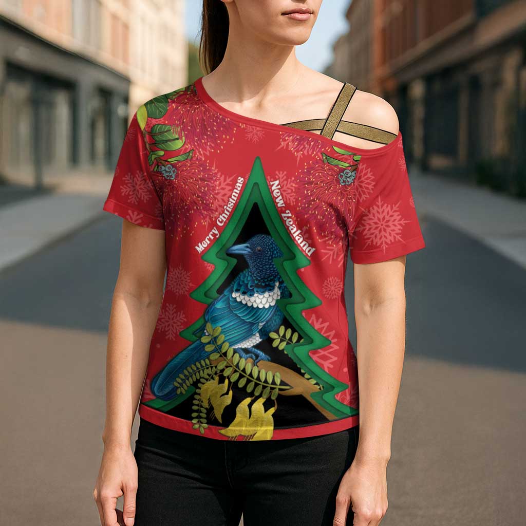 New Zealand Christmas In July Cross Shoulder Shirt Kowhai Tui Bird With Pohutukawa - Red LT14 - Polynesian Pride