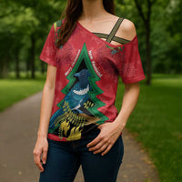 New Zealand Christmas In July Cross Shoulder Shirt Kowhai Tui Bird With Pohutukawa - Red LT14 - Polynesian Pride