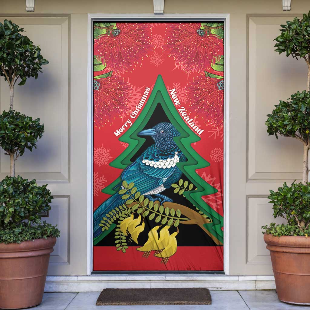 New Zealand Christmas In July Door Cover Kowhai Tui Bird With Pohutukawa - Red LT14 Red - Polynesian Pride