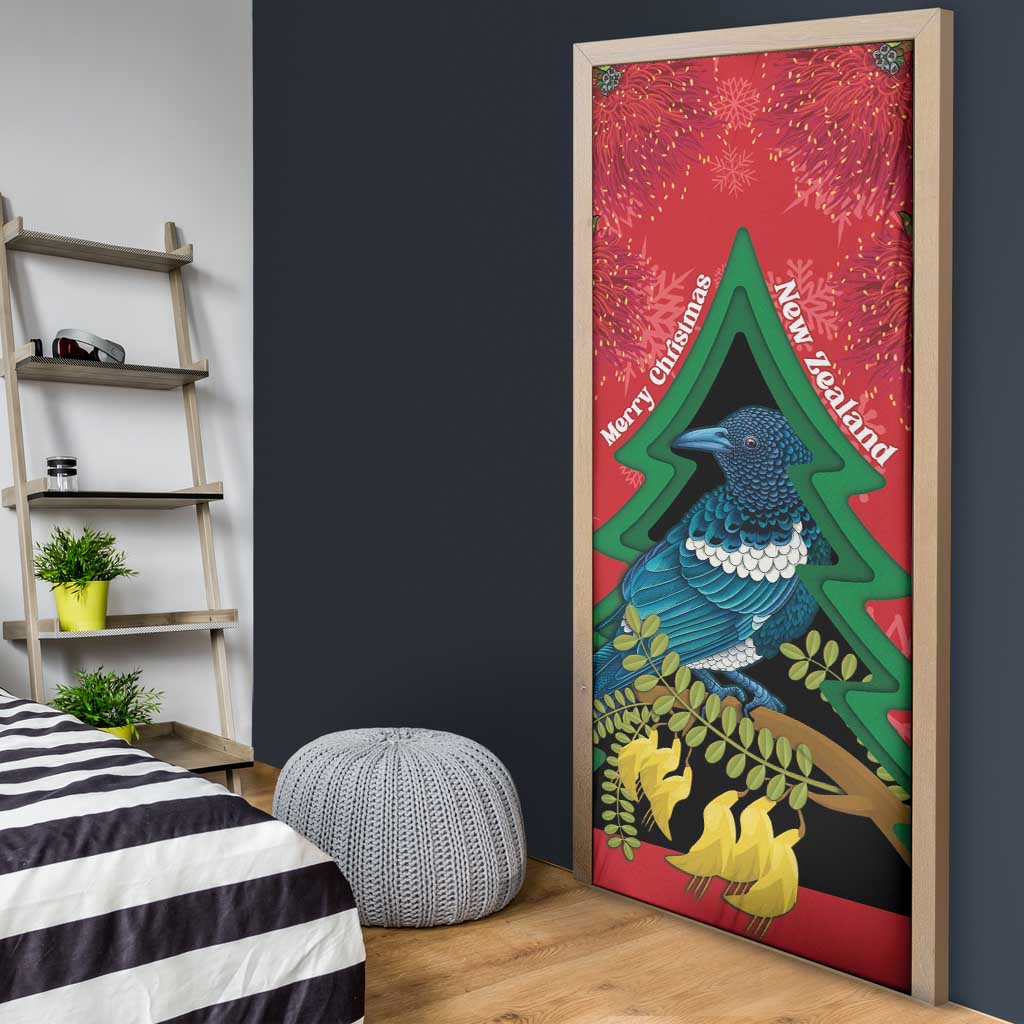 New Zealand Christmas In July Door Cover Kowhai Tui Bird With Pohutukawa - Red LT14 - Polynesian Pride