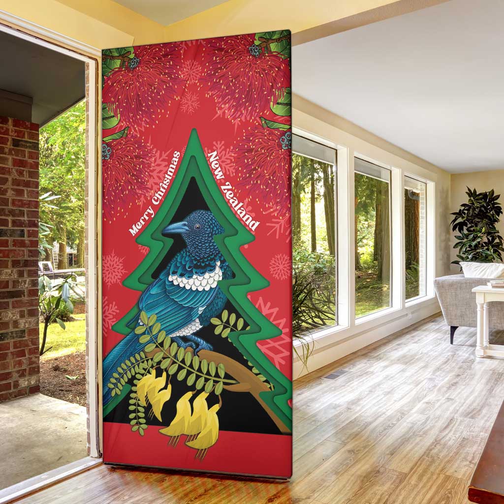 New Zealand Christmas In July Door Cover Kowhai Tui Bird With Pohutukawa - Red LT14 - Polynesian Pride