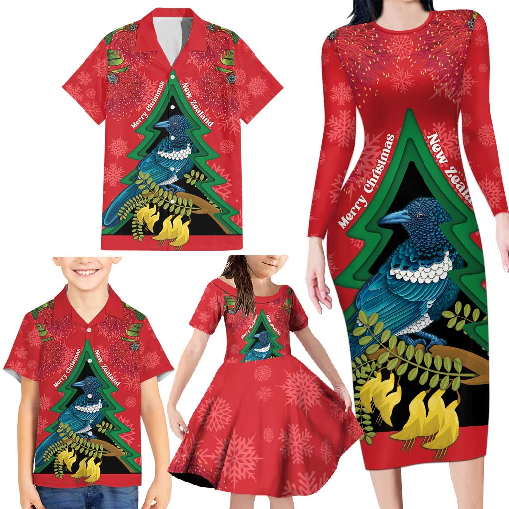 New Zealand Christmas In July Family Matching Long Sleeve Bodycon Dress and Hawaiian Shirt Kowhai Tui Bird With Pohutukawa - Red LT14 - Polynesian Pride
