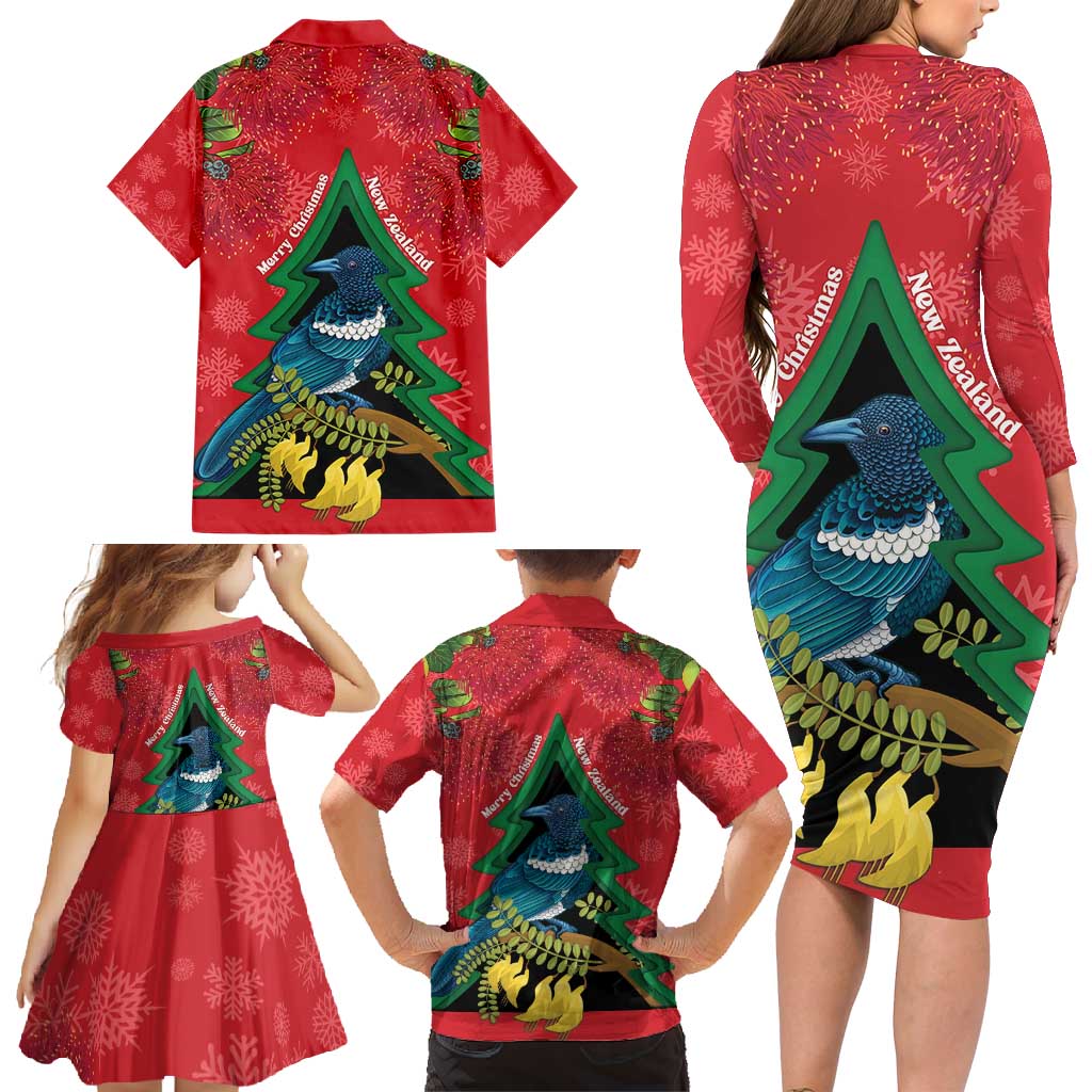 New Zealand Christmas In July Family Matching Long Sleeve Bodycon Dress and Hawaiian Shirt Kowhai Tui Bird With Pohutukawa - Red LT14 - Polynesian Pride