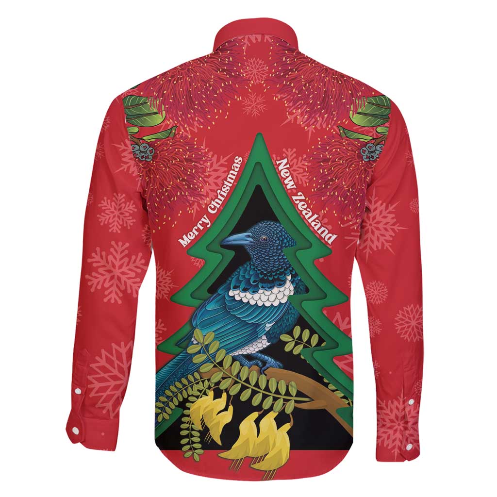 New Zealand Christmas In July Family Matching Long Sleeve Bodycon Dress and Hawaiian Shirt Kowhai Tui Bird With Pohutukawa - Red LT14 - Polynesian Pride