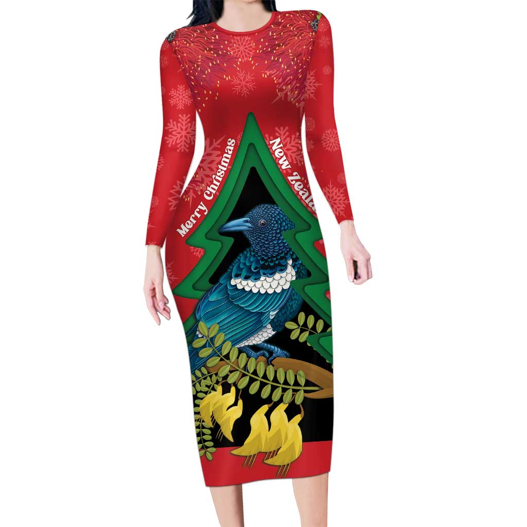 New Zealand Christmas In July Family Matching Long Sleeve Bodycon Dress and Hawaiian Shirt Kowhai Tui Bird With Pohutukawa - Red LT14 Mom's Dress Red - Polynesian Pride