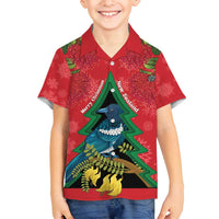 New Zealand Christmas In July Family Matching Long Sleeve Bodycon Dress and Hawaiian Shirt Kowhai Tui Bird With Pohutukawa - Red LT14 Son's Shirt Red - Polynesian Pride