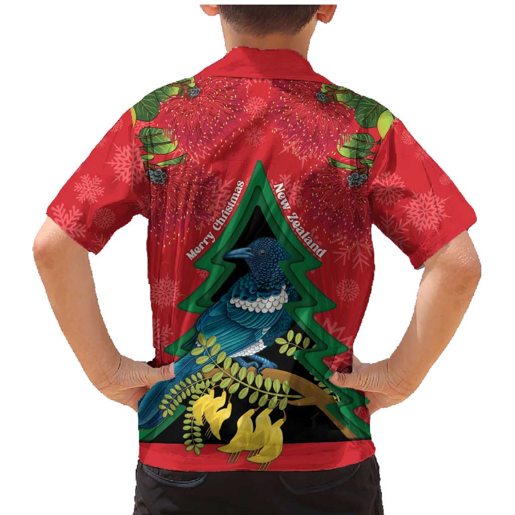 New Zealand Christmas In July Family Matching Mermaid Dress and Hawaiian Shirt Kowhai Tui Bird With Pohutukawa - Red LT14 - Polynesian Pride