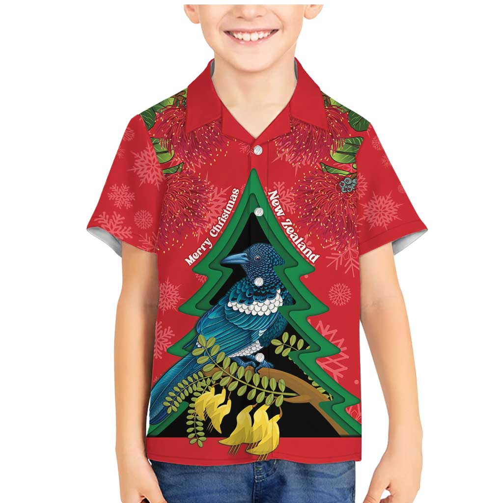 New Zealand Christmas In July Family Matching Mermaid Dress and Hawaiian Shirt Kowhai Tui Bird With Pohutukawa - Red LT14 Son's Shirt Red - Polynesian Pride