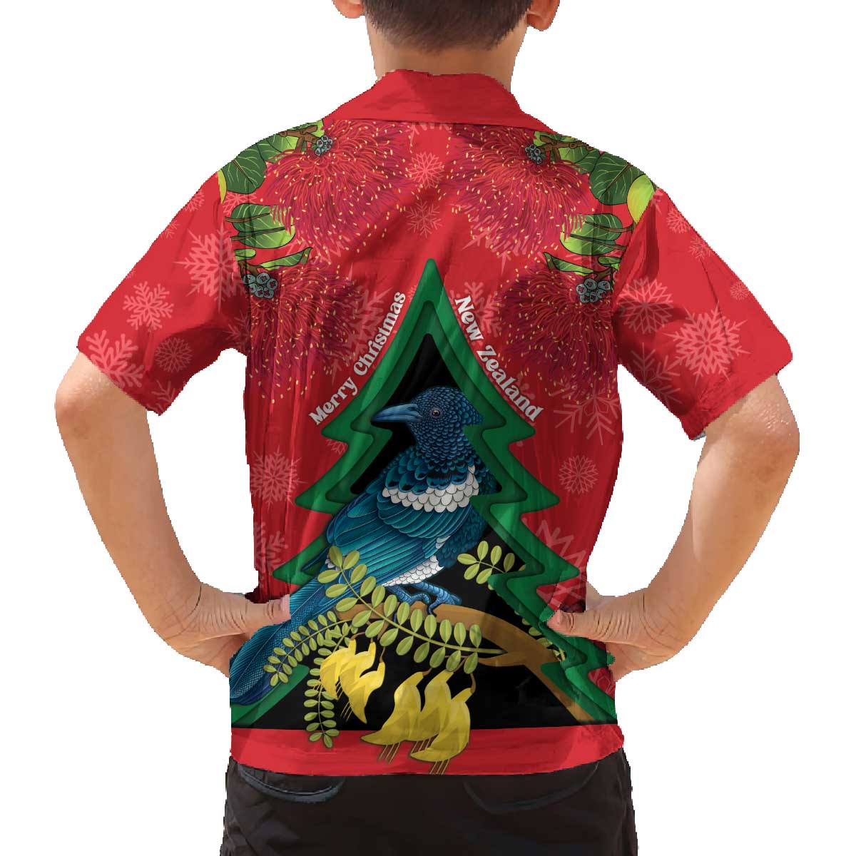 New Zealand Christmas In July Family Matching Off The Shoulder Long Sleeve Dress and Hawaiian Shirt Kowhai Tui Bird With Pohutukawa - Red LT14 - Polynesian Pride