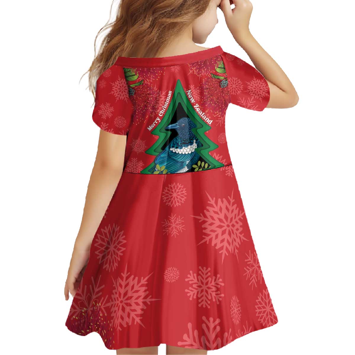 New Zealand Christmas In July Family Matching Off The Shoulder Long Sleeve Dress and Hawaiian Shirt Kowhai Tui Bird With Pohutukawa - Red LT14 - Polynesian Pride