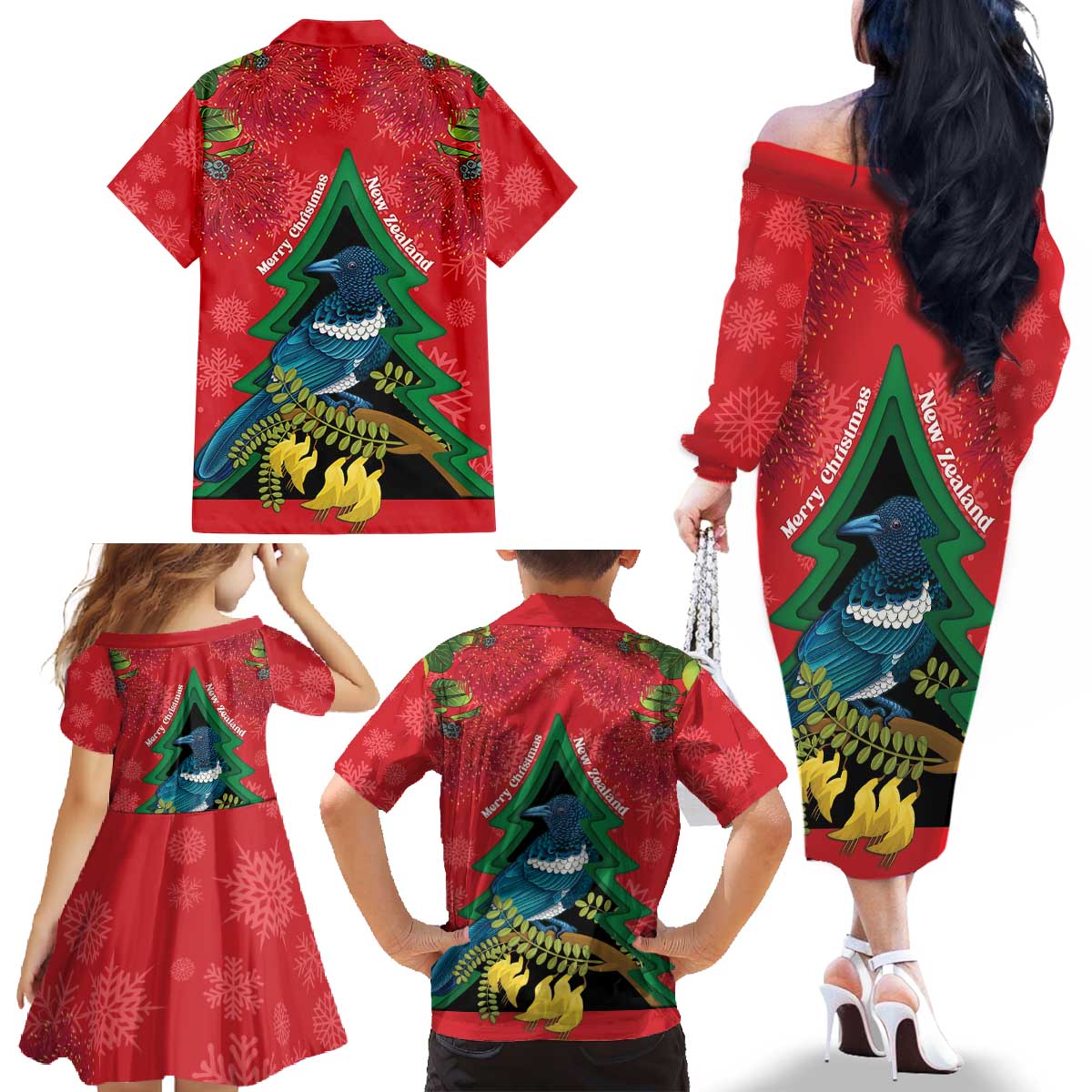 New Zealand Christmas In July Family Matching Off The Shoulder Long Sleeve Dress and Hawaiian Shirt Kowhai Tui Bird With Pohutukawa - Red LT14 - Polynesian Pride