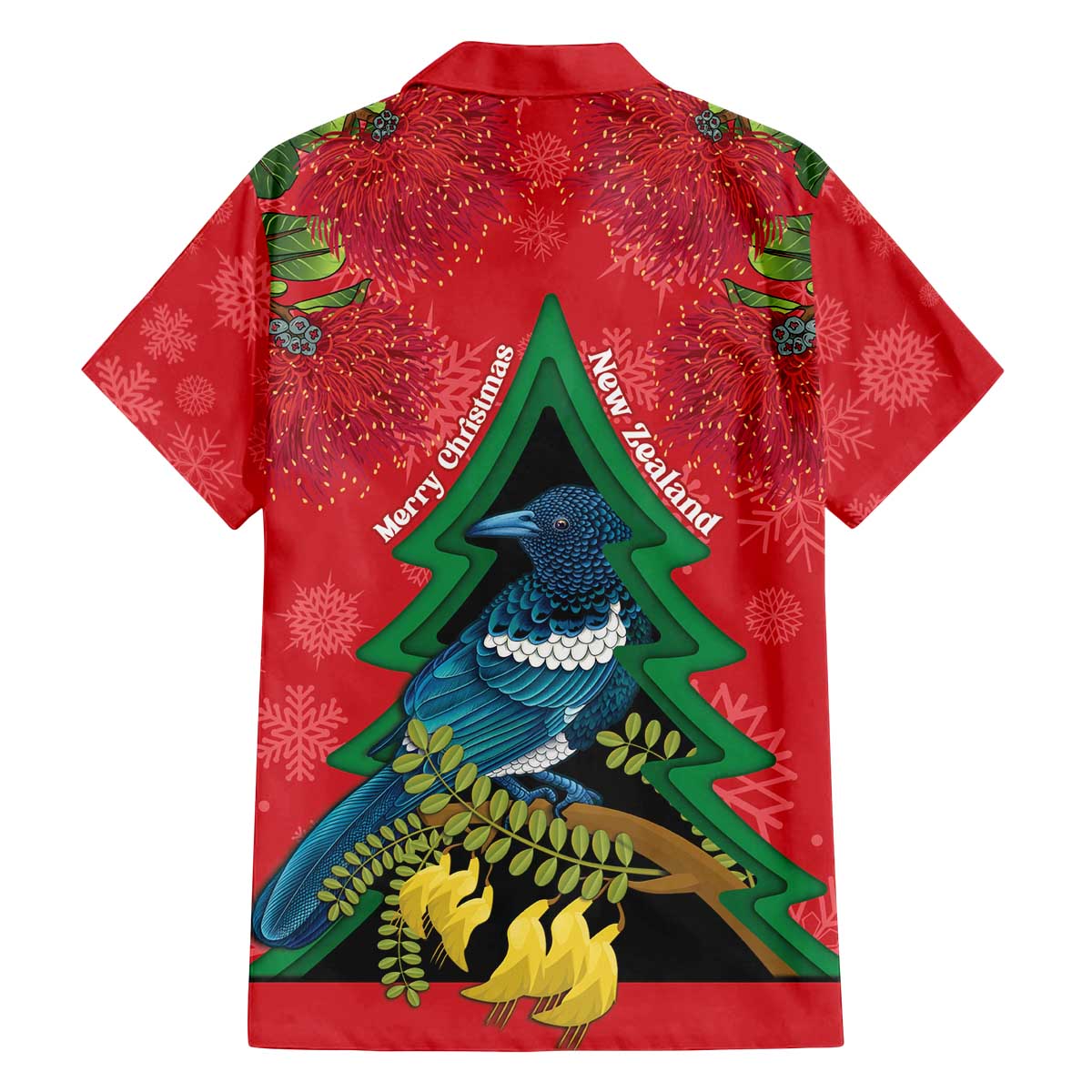 New Zealand Christmas In July Family Matching Off The Shoulder Long Sleeve Dress and Hawaiian Shirt Kowhai Tui Bird With Pohutukawa - Red LT14 - Polynesian Pride