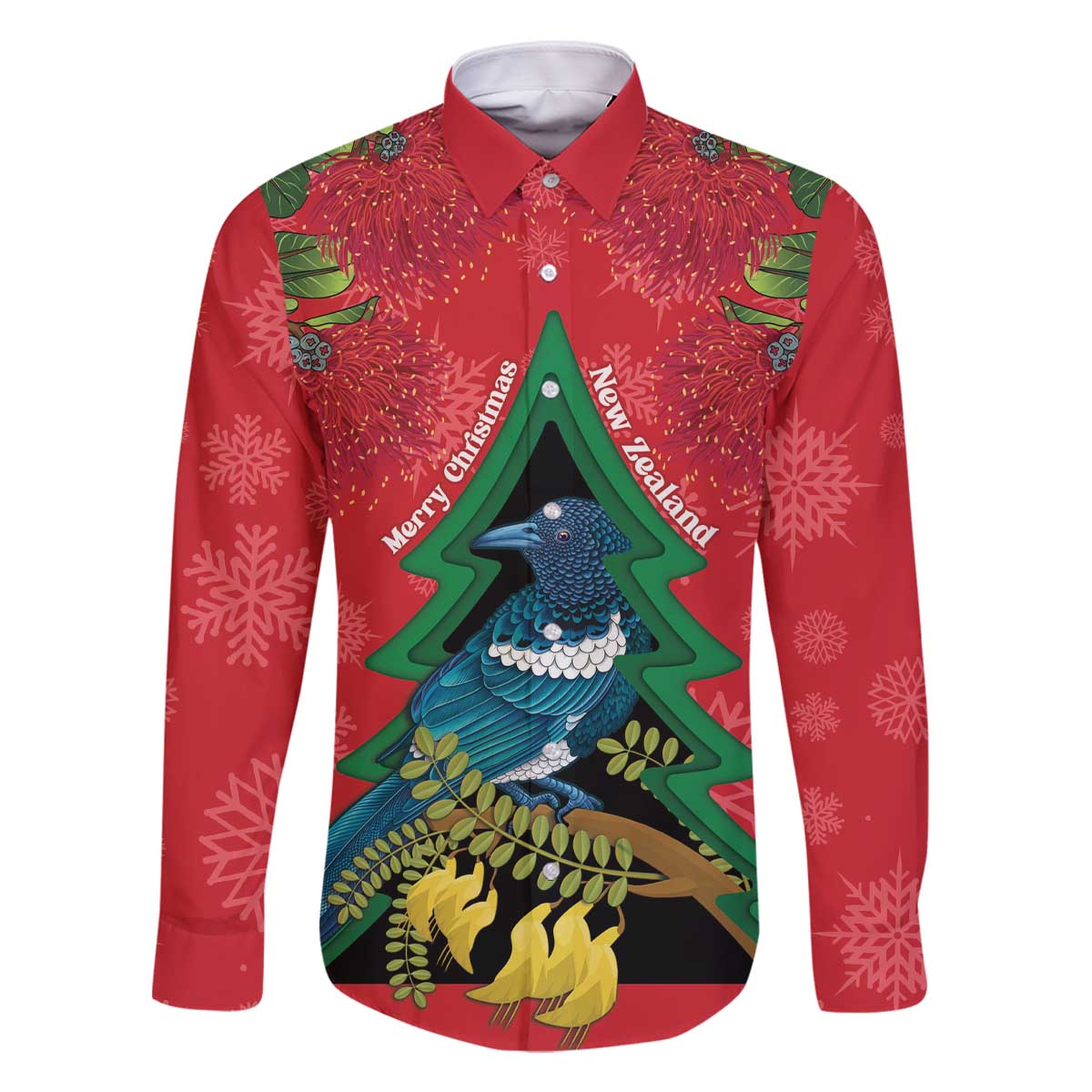 New Zealand Christmas In July Family Matching Off The Shoulder Long Sleeve Dress and Hawaiian Shirt Kowhai Tui Bird With Pohutukawa - Red LT14 Dad's Shirt - Long Sleeve Red - Polynesian Pride