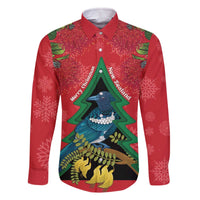 New Zealand Christmas In July Family Matching Off The Shoulder Long Sleeve Dress and Hawaiian Shirt Kowhai Tui Bird With Pohutukawa - Red LT14 Dad's Shirt - Long Sleeve Red - Polynesian Pride