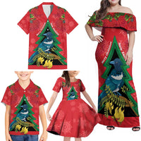 New Zealand Christmas In July Family Matching Off Shoulder Maxi Dress and Hawaiian Shirt Kowhai Tui Bird With Pohutukawa - Red LT14 - Polynesian Pride