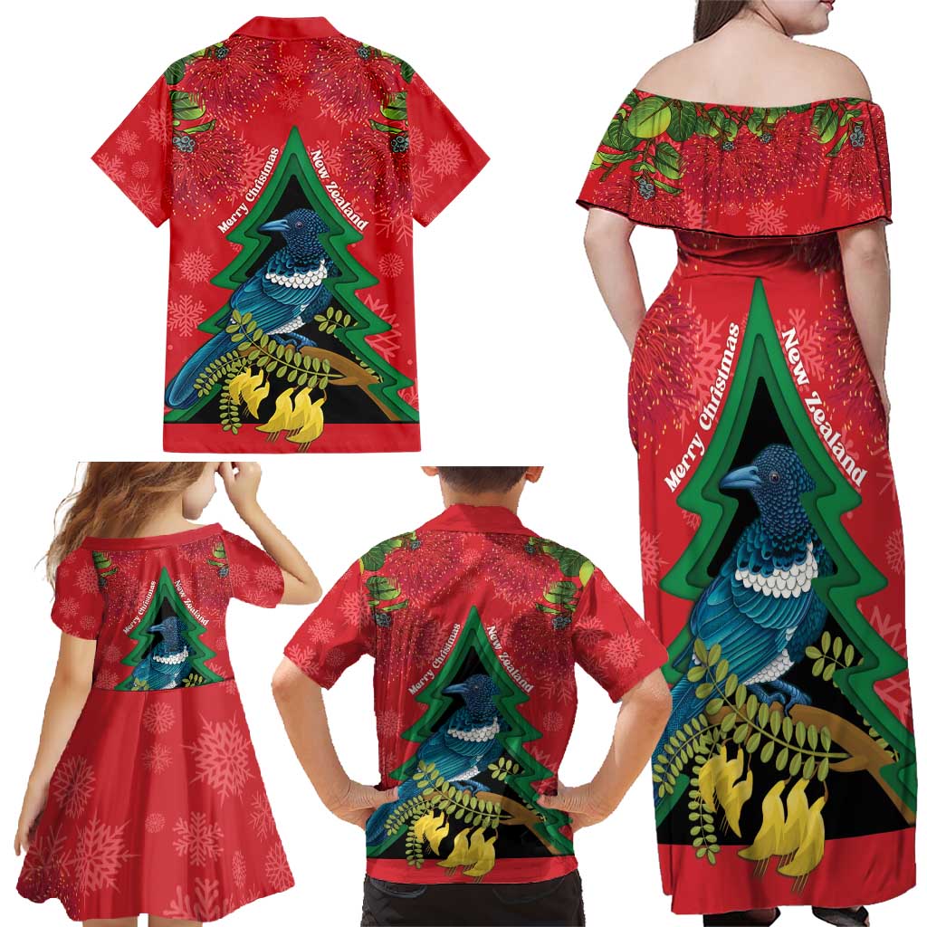 New Zealand Christmas In July Family Matching Off Shoulder Maxi Dress and Hawaiian Shirt Kowhai Tui Bird With Pohutukawa - Red LT14 - Polynesian Pride