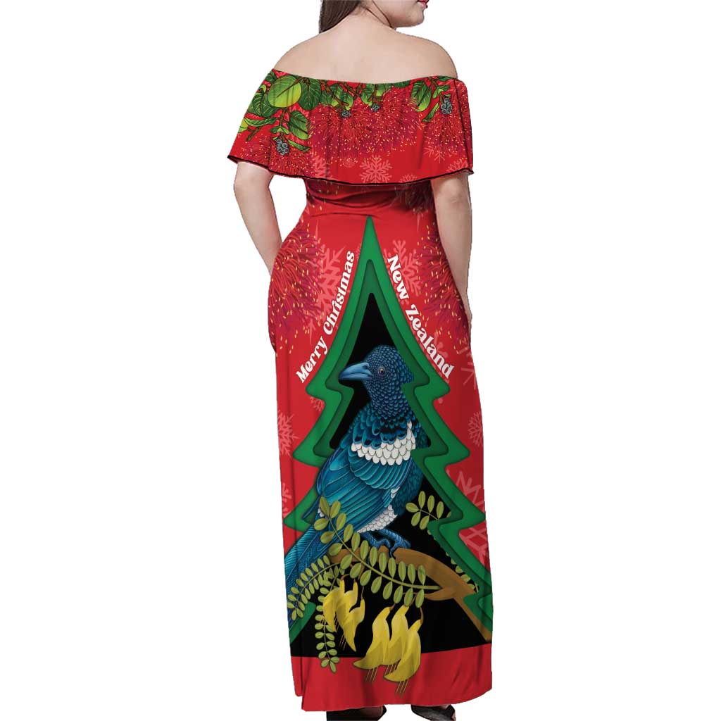 New Zealand Christmas In July Family Matching Off Shoulder Maxi Dress and Hawaiian Shirt Kowhai Tui Bird With Pohutukawa - Red LT14 - Polynesian Pride